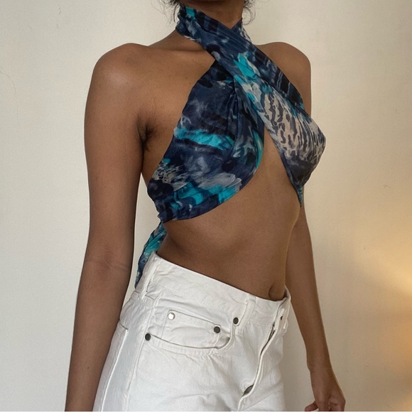 Zara Marbled Blue print silk scarf can be used as scarf or top. - Picture 2 of 4